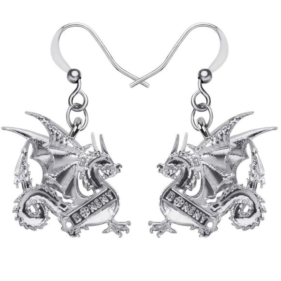 Silver and Multicolor Enamel Mythical Dragon Dangling French Wire Hook Earrings - Picture 5 of 5